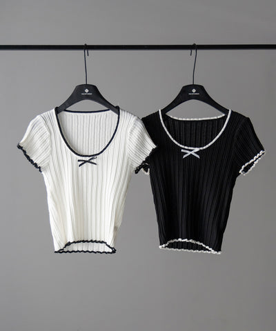 ミニリボンオープンネック半袖ニットトップス / mini ribbon open neck short sleeve knit tops
