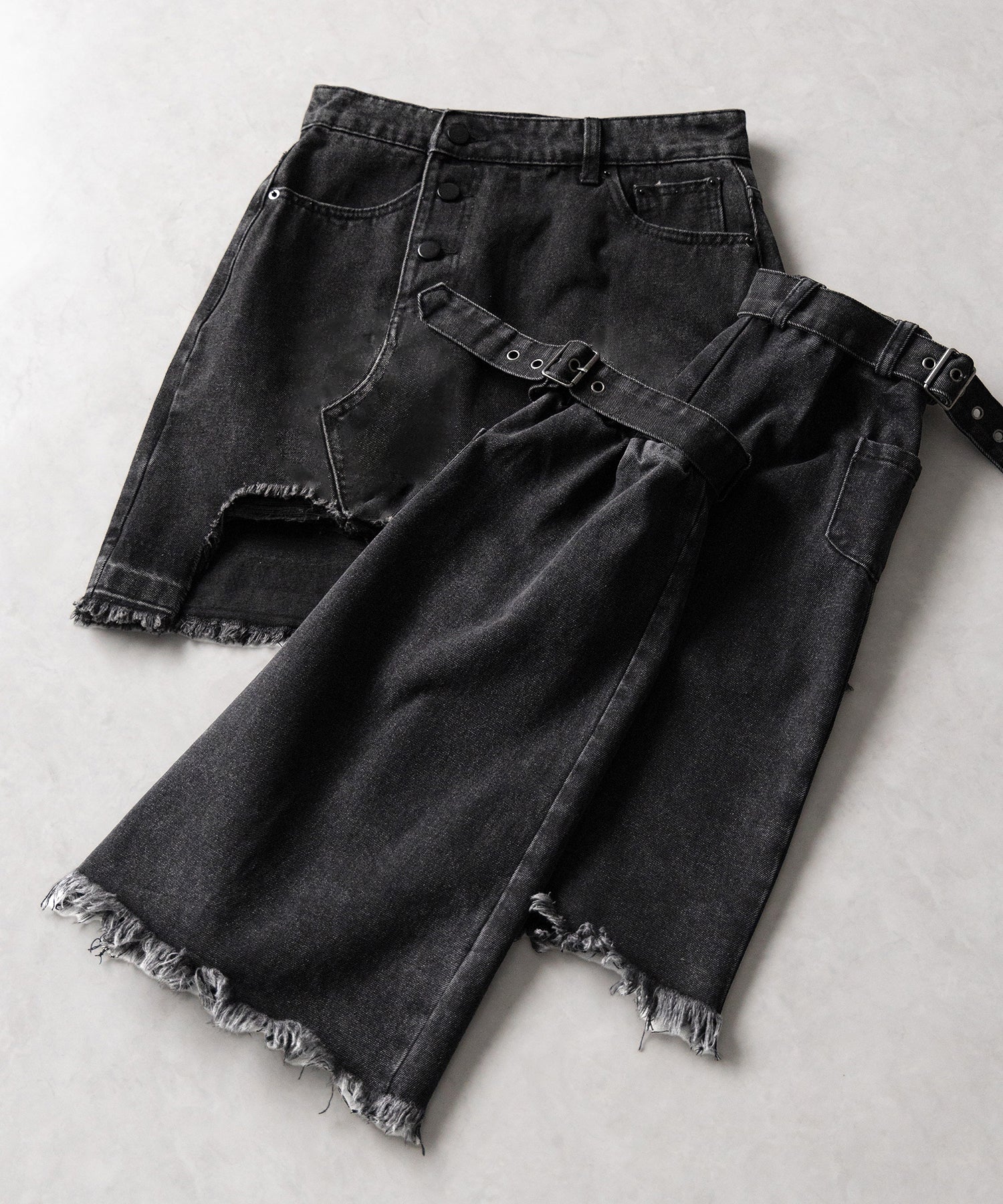【 2点セット 】ヴィンテージブラックダメージデニムミニスカート + デニムレッグカバー SET