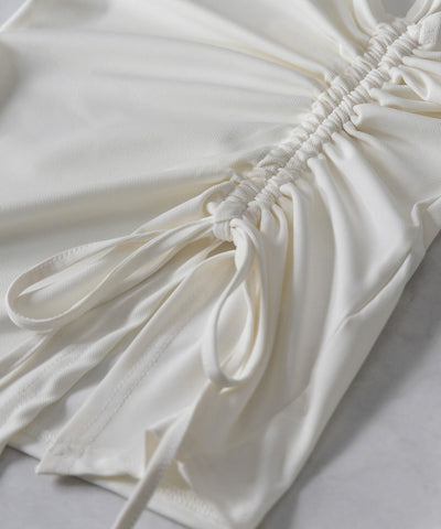 シャーリングリボンスリットワンショルダートップス / shirring ribbon slit one shoulder tops
