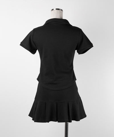 【 2点セット 】スキッパーネック半袖Tシャツ & プリーツミニスカート ワンホンセットアップ / skipper neck short sleeve T-shirt & pleated mini skirt wanghong setup