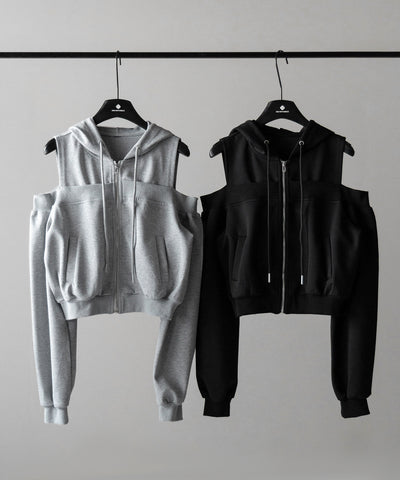 オープンショルダーカットアウトジップアップパーカー / open shoulder cut out zip up hoodie