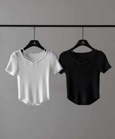 半袖クロスラインストラップデザインリブニット