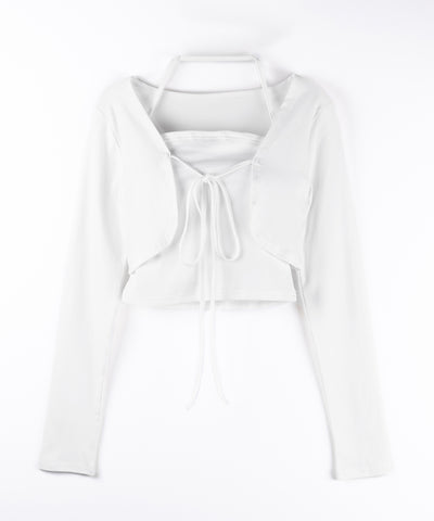 【 2点セット 】フロントリボン長袖ショートカーディガン+ ホルターキャミソール SET / front ribbon longsleeve short cardigan + halter camisole SET