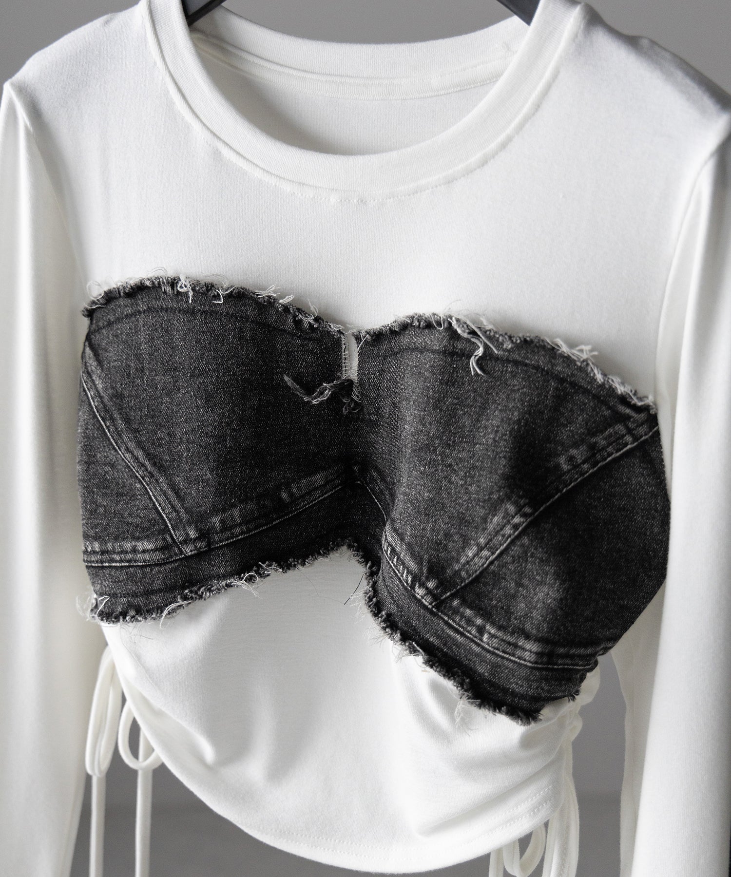 サイドリボンダメージデニムドッキングTシャツ / side ribbon damage denim docking Tee