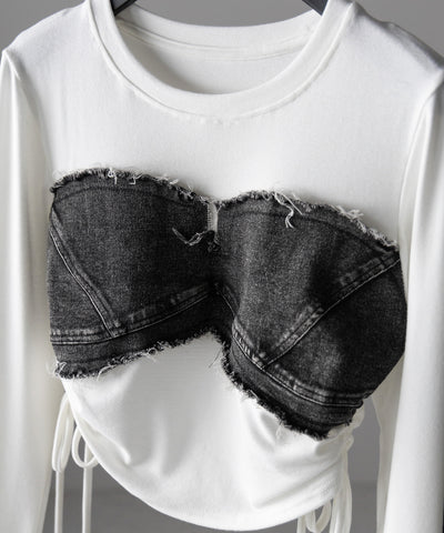 サイドリボンダメージデニムドッキングTシャツ / side ribbon damage denim docking Tee
