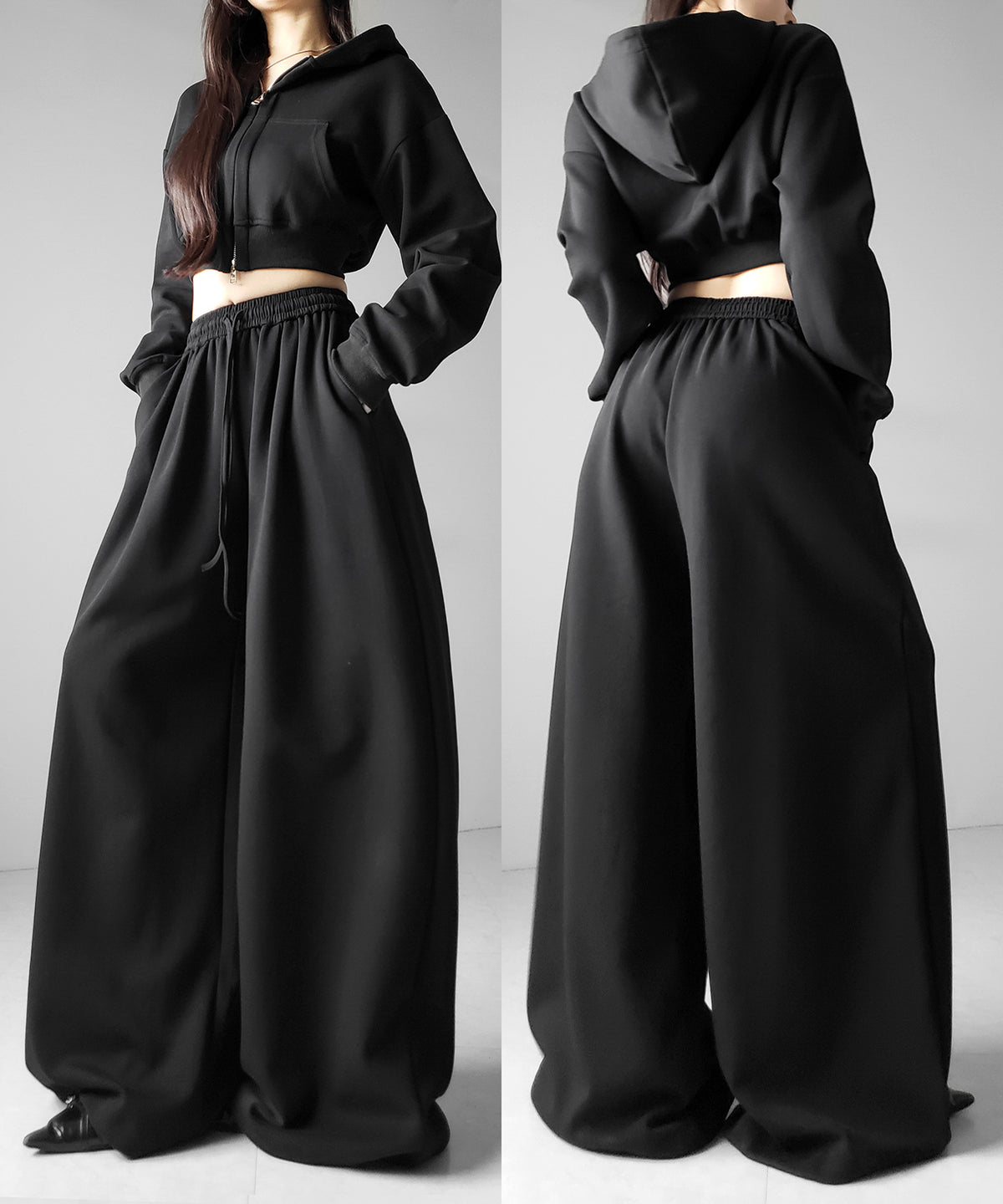【 セットアップ 】ダブルジップショートパーカー + タックワイドスウェットパンツ SET / double zip short hoodie + tuck wide sweat pants SET