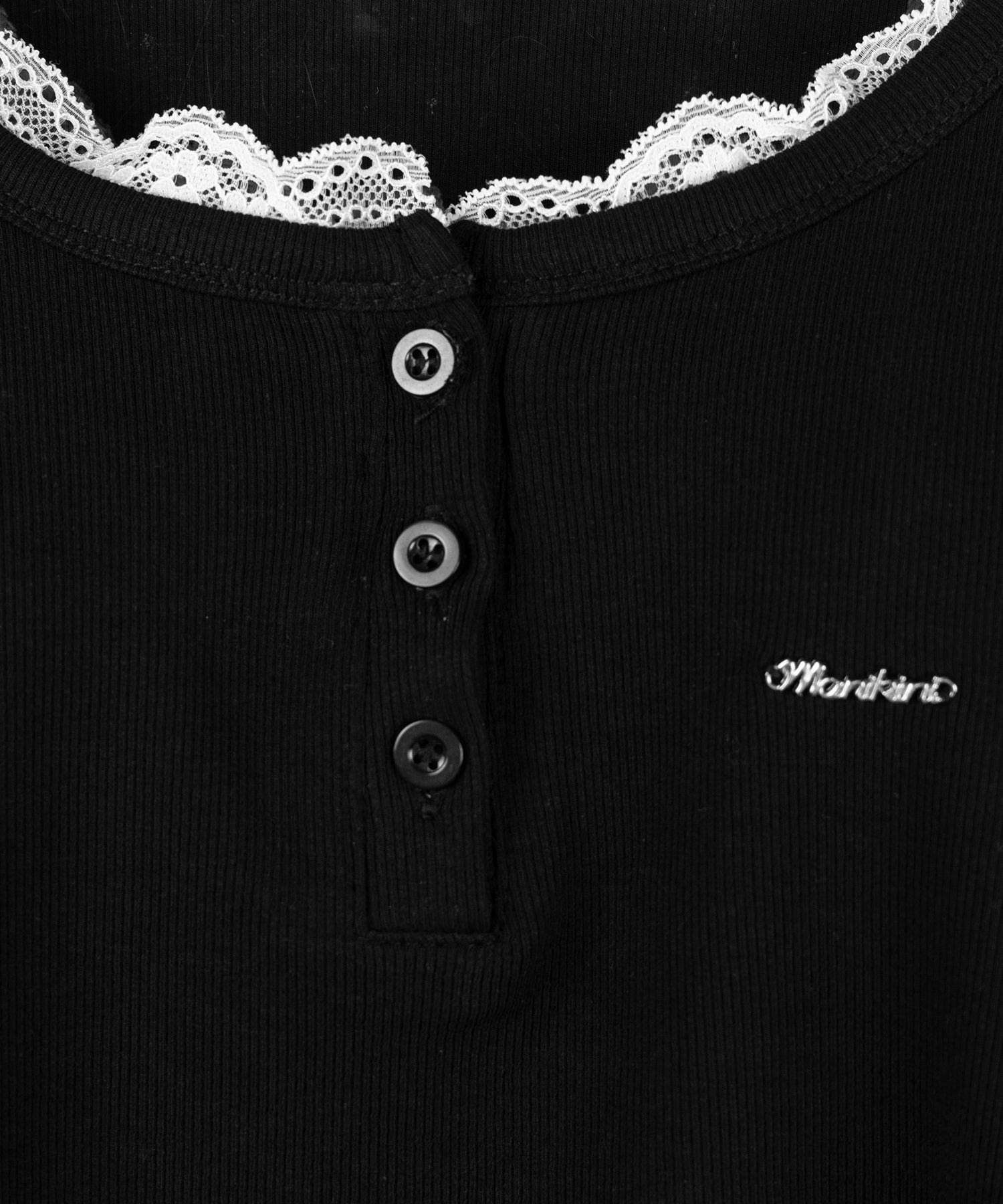 ヘンリーネックロゴプレートレースリブトップス / henley neck logo plate lace ribbed tops