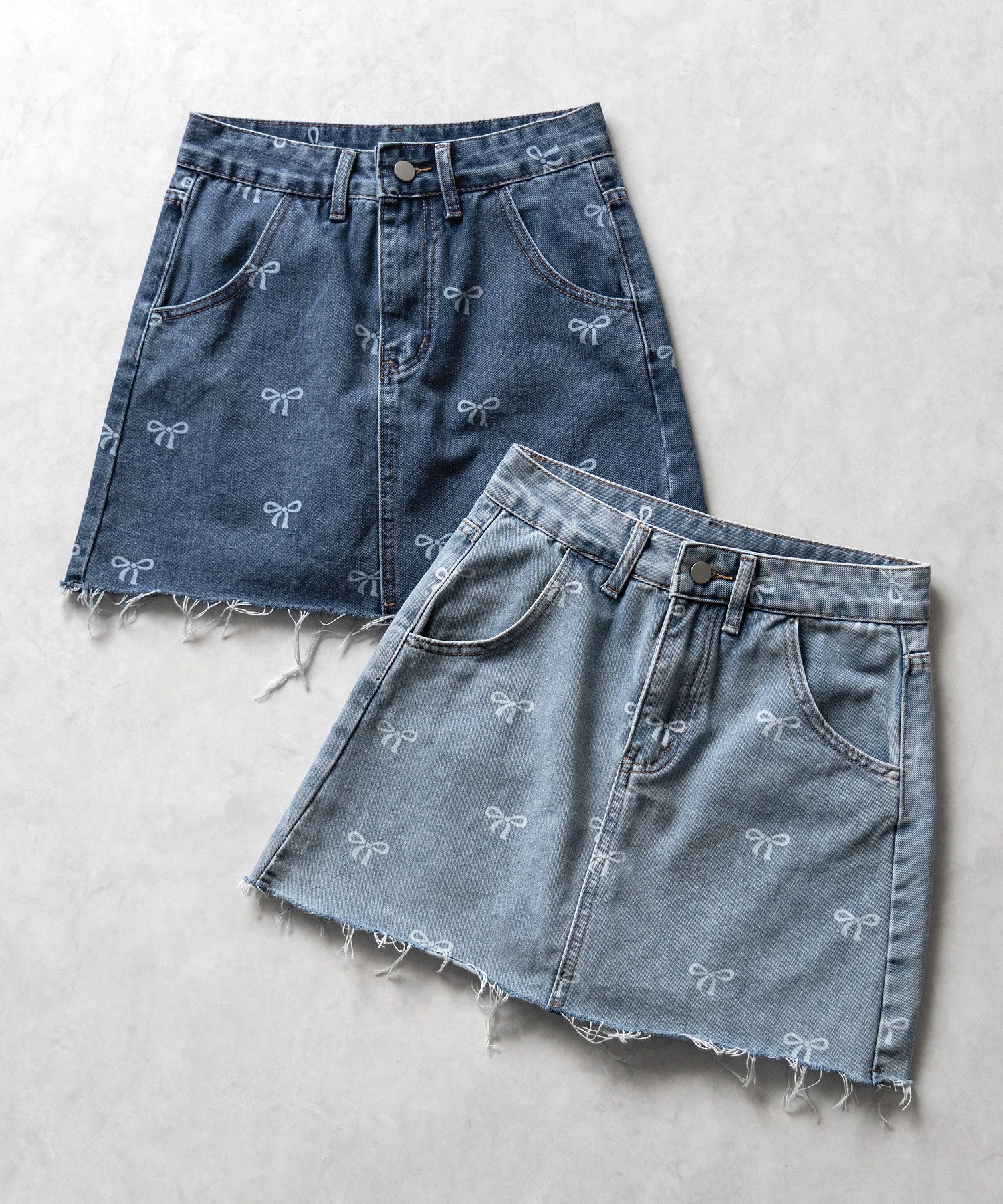 【 インパン裏地付き 】リボンプリントダメージデニムミニスカート / ribbon print damage denim mini skirt