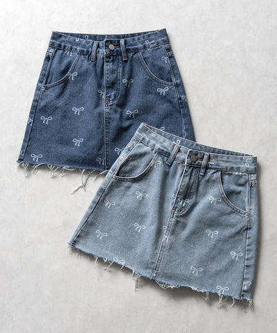 【 インパン裏地付き 】リボンプリントダメージデニムミニスカート / ribbon print damage denim mini skirt