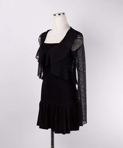 【 2点セット 】フレアキャミワンピ &シアーフリルリボンカーディガン ワンホンセットアップ / flare camisole onepiece & sheer frill ribbon cardigan wanghong SETUP