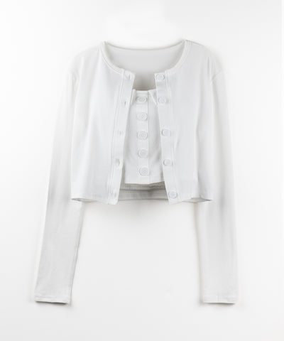 【 2点セット 】フロントボタンベアトップ + クロップドカットソーカーディガン SET / front button bare top + cropped cutsaw cardigan SET