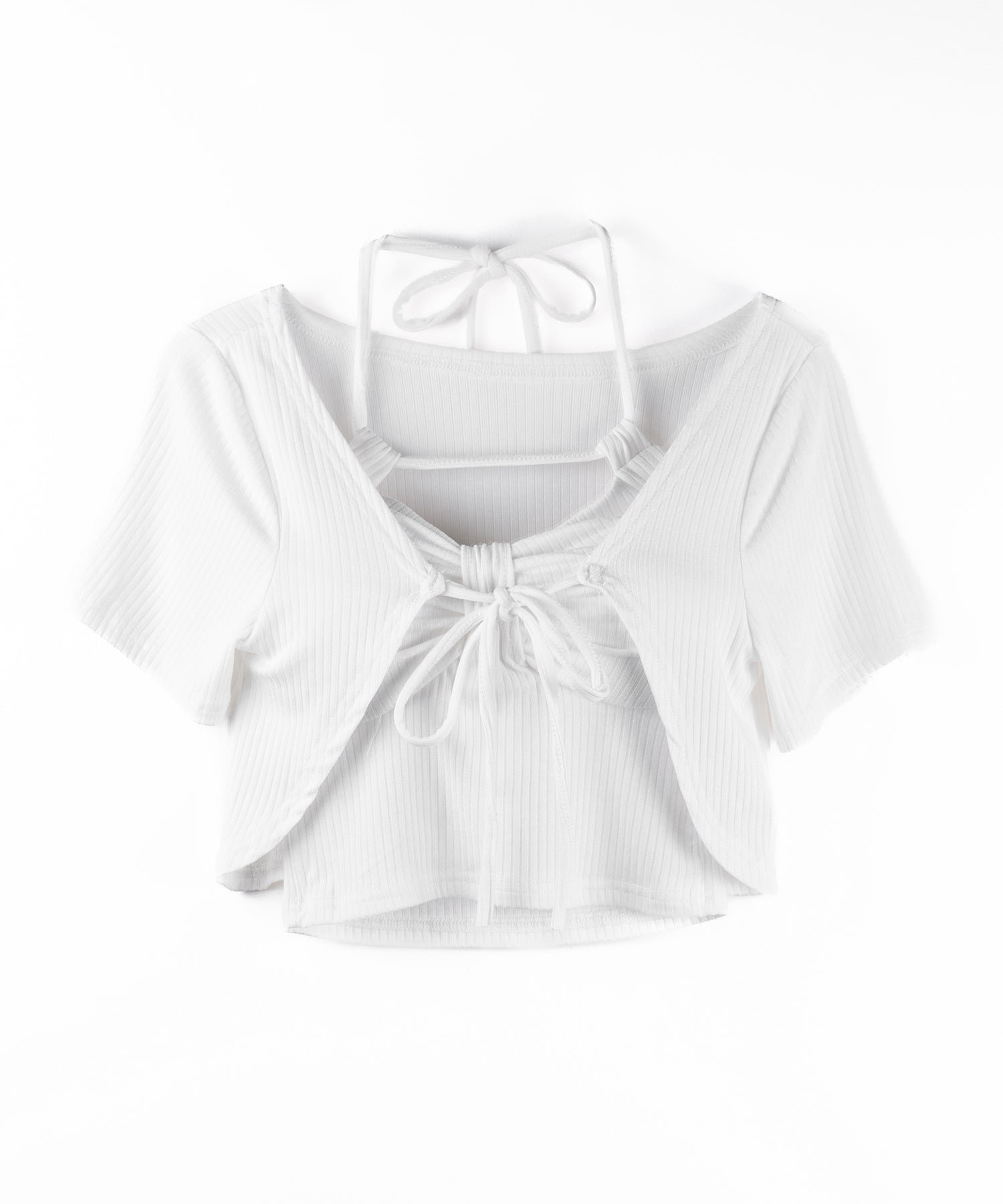 【 2点セット 】 2WAYストラップリブキャミソール + フロントリボンショートカーディガン SET / 2WAY strap lib camisole + front ribbon short cardigan
