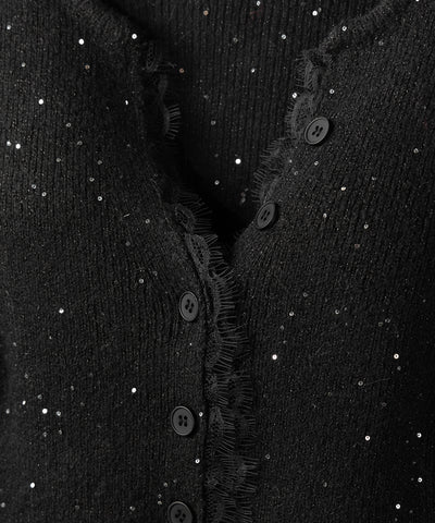 レースドッキングスパングルキーネックニットカーディガン / lace docking spangle key neck knit cardigan