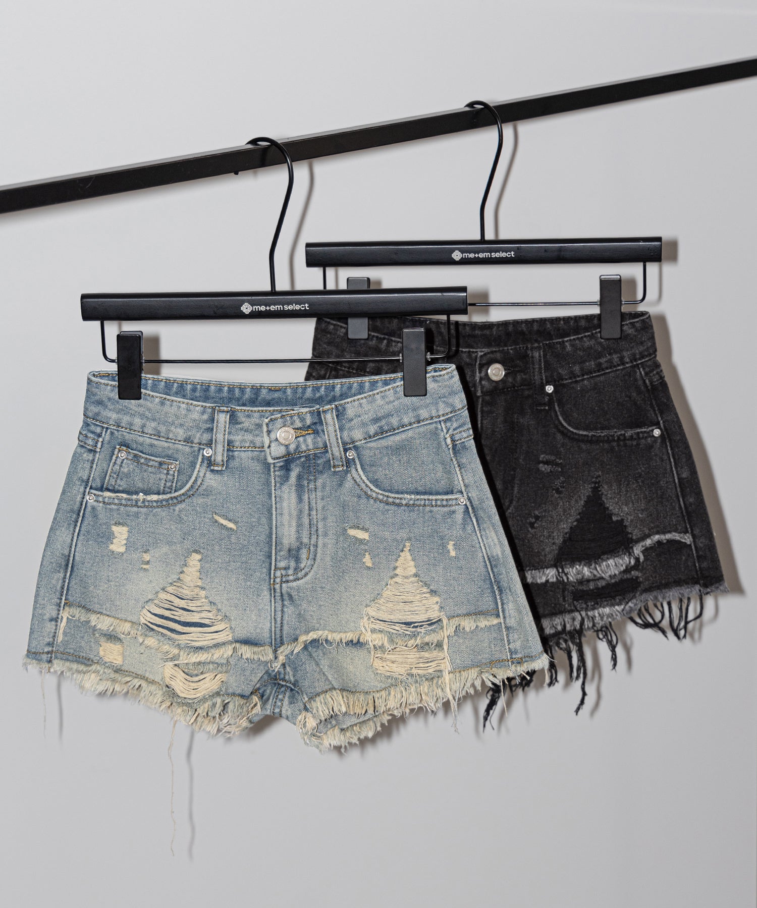 クラッシュダメージダブルフリンジデニムショートパンツ/crash damage double fringe denim short pants