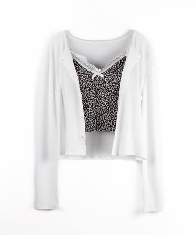 【 2点セット 】ドッキングレースレオパードキャミソール + カーディガン SET / docking lace leopard camisole + cardigan SET