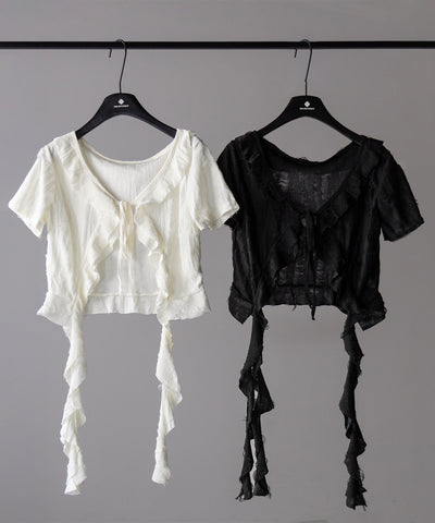 ダメージフリル半袖ショートリボンカーディガン / damage frill short sleeve short ribbon cardigan