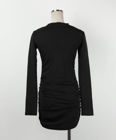 【 3color / 裏起毛 】チョーカーネックシャーリングミニワンピース / choker neck shirring mini onepiece