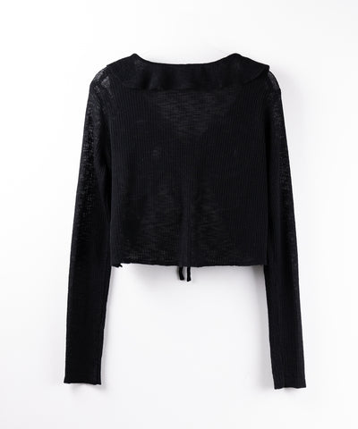 【 2color 】襟付きフロントリボンシアーニットショートカーディガン / collar front ribbon sheer knit short cardigan