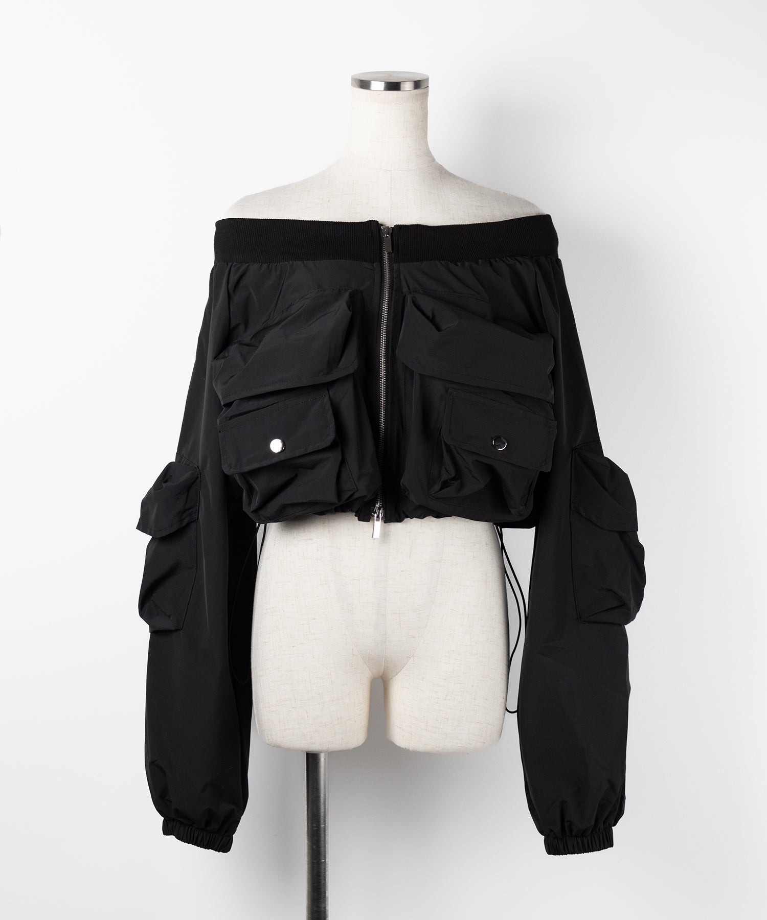 【 セットアップ 】アウトポケットオフショルカーゴブルゾン & ダブルジップカーゴミニスカート SET / out pocket off shoulder cargo blouson & double zip cargo mini skirt SET