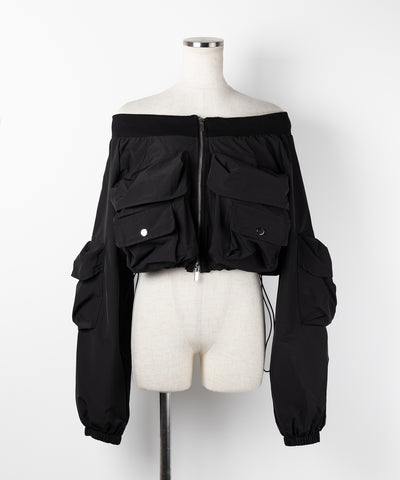 【 セットアップ 】アウトポケットオフショルカーゴブルゾン & ダブルジップカーゴミニスカート SET / out pocket off shoulder cargo blouson & double zip cargo mini skirt SET