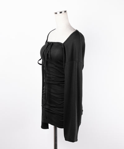 【 2点セット 】シャーリングタイトミニワンピ &フロントリボンショートカーディガン ワンホンセットアップ / shirring tight mini onepiece & front ribbon short cardigan wanghong setup