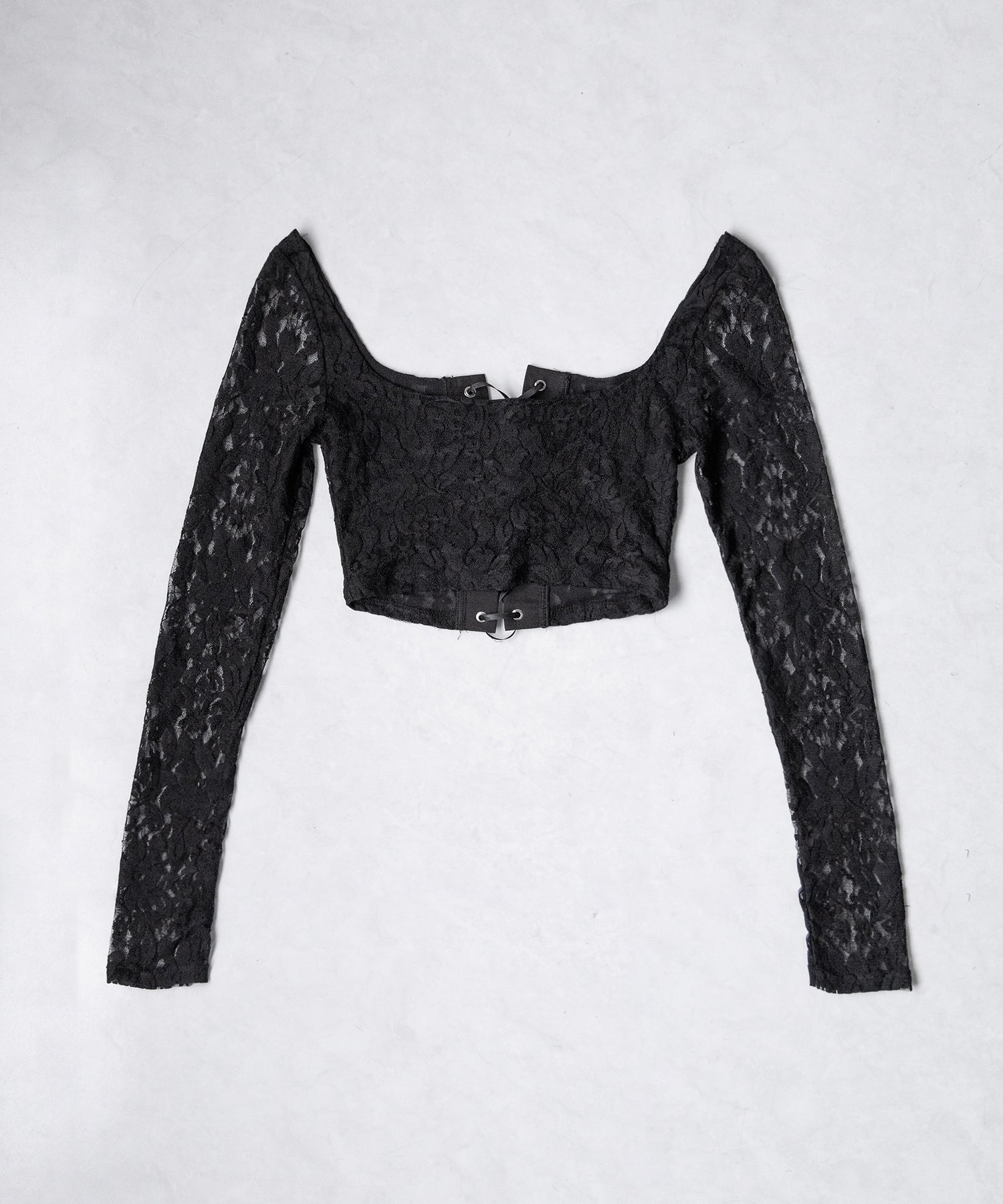 【 2color 】レースアップコルセットリボンショートレーストップス / laceup corset ribbon short lace tops