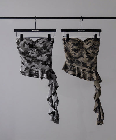 ヴィンテージカモフラアシンメトリーフリルベアトップス / vintage camouflage asymmetry frill bare tops
