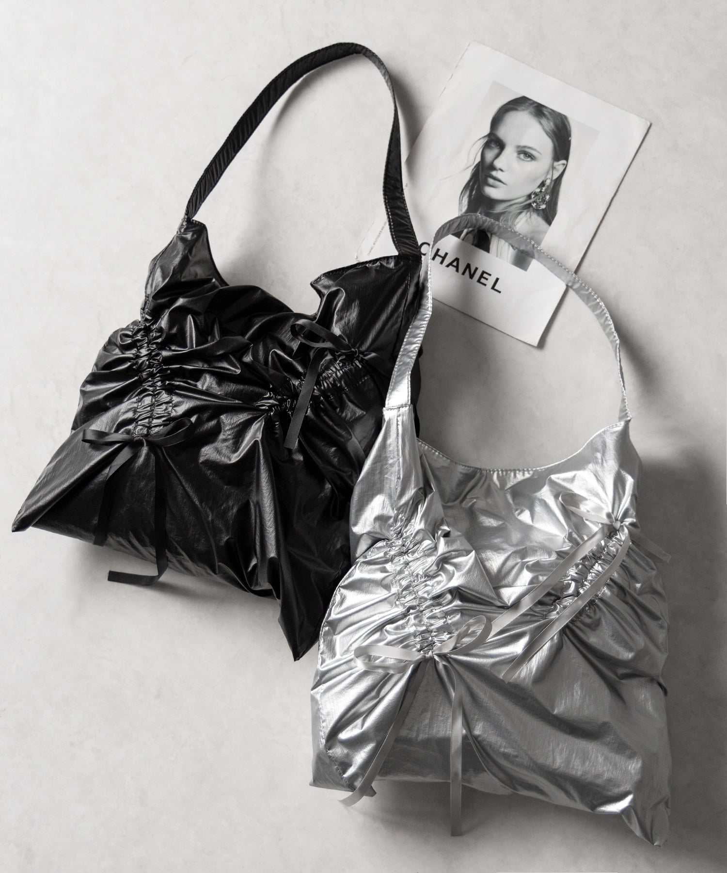 【 2color 】シャーリングリボンメタリックトートバッグ / shirring ribbon metallic tote bag