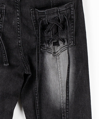 【4size 】バックリボンレースアップ美脚ストレッチフレアデニム / back ribbon lace up slim leg stretch flare denim