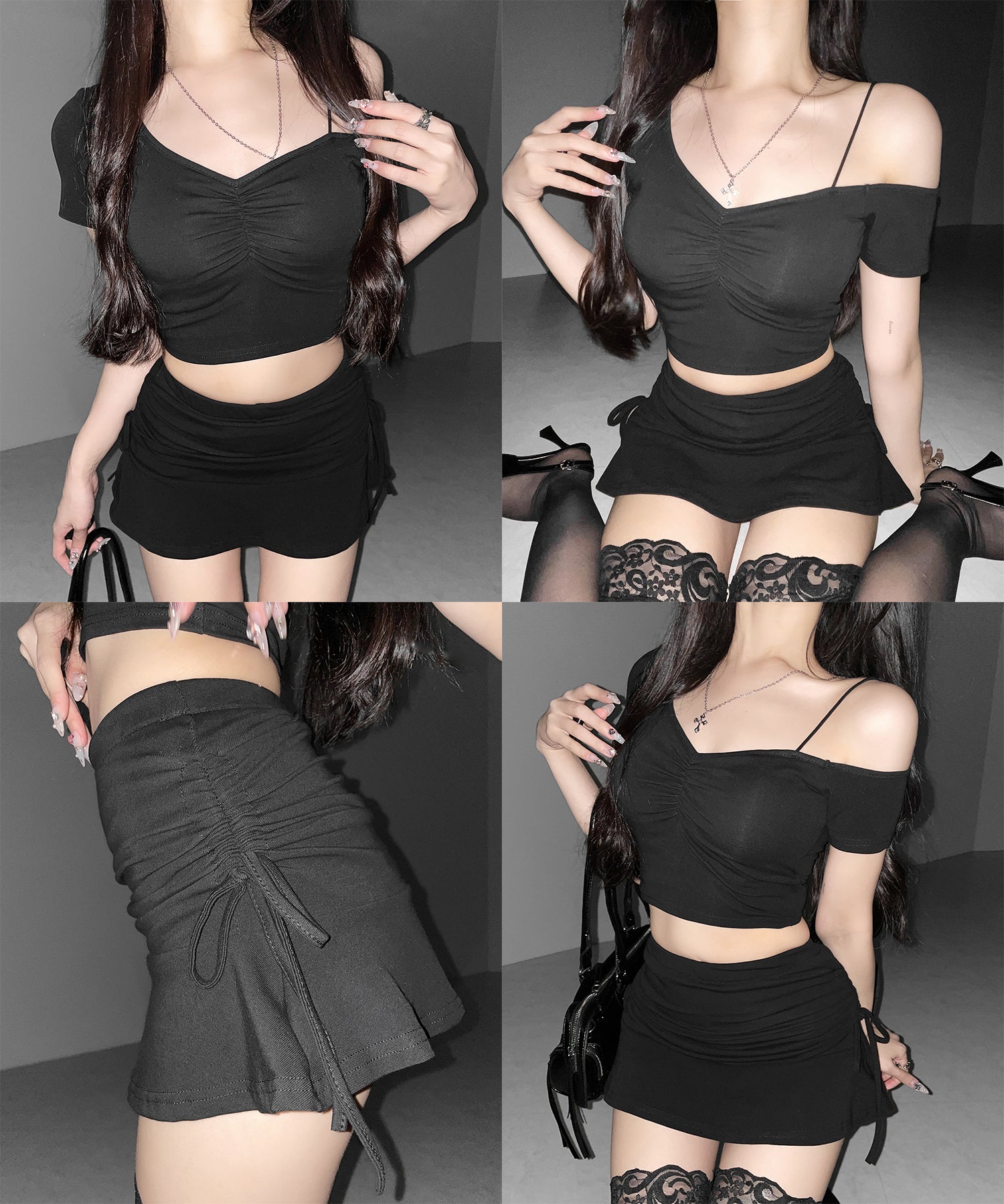 ワンショルギャザートップス + シャーリングリボンスカート SETUP / ( SETUP ) one shoulder gather tops + shirring ribbon skirt SET