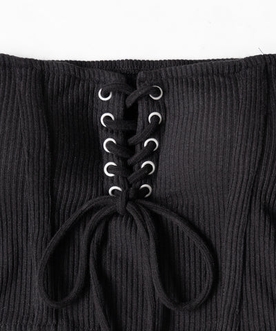 【カップ付き 】レースアップコルセットリボンショートリブベアトップ / laceup corset ribbon short ribbed bare top