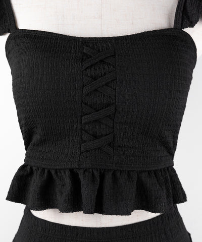 【 レディース水着/2点セット 】レースアップショルダーフリルハイウエストフレアビキニ / lace-up shoulder frill high waist flare bikini