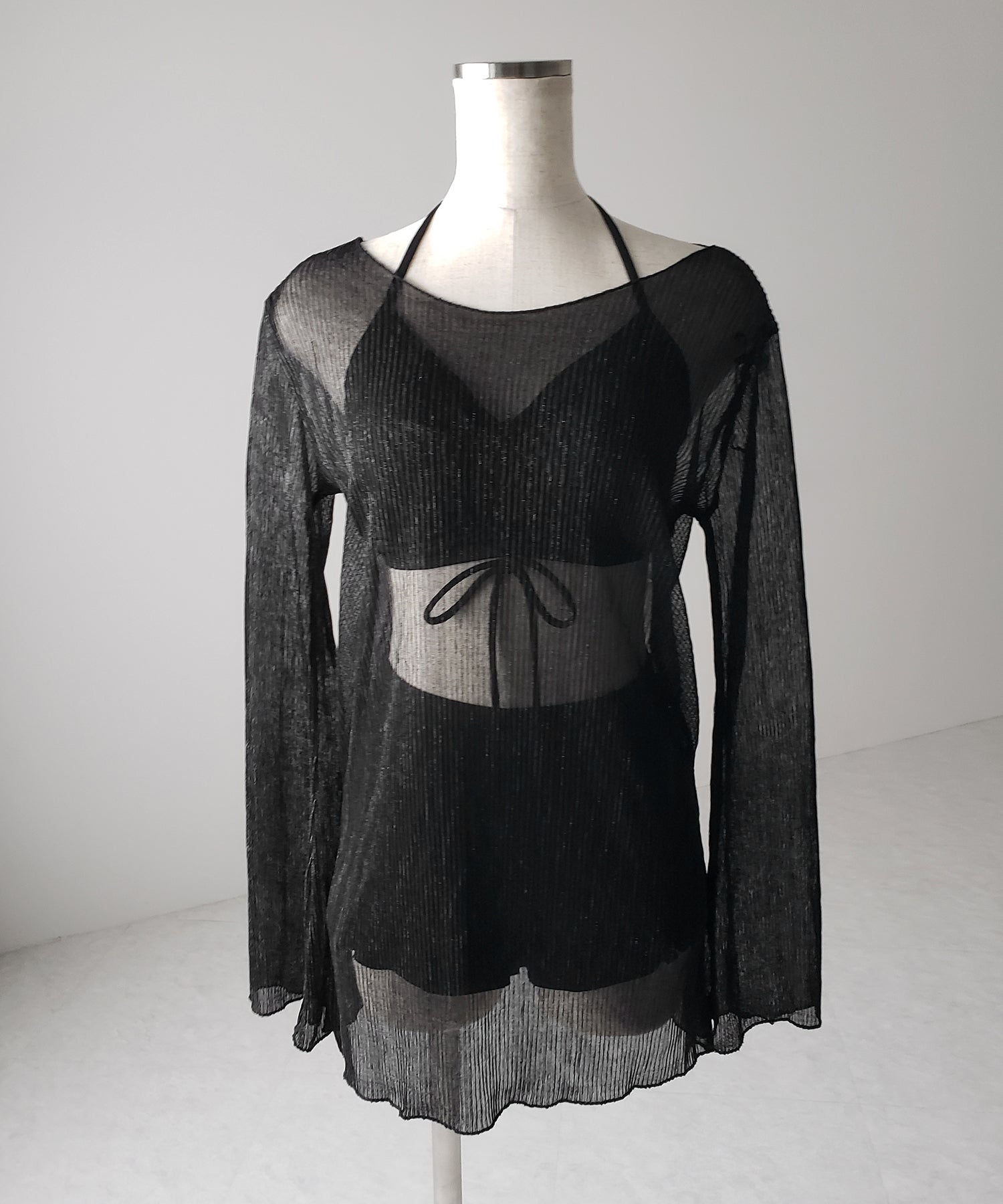 【 レディース水着/3点セット 】シアートップス付き フロントリボンホルターネックハイウエストビキニ / sheer tops set front ribbon halter neck high waist bikini