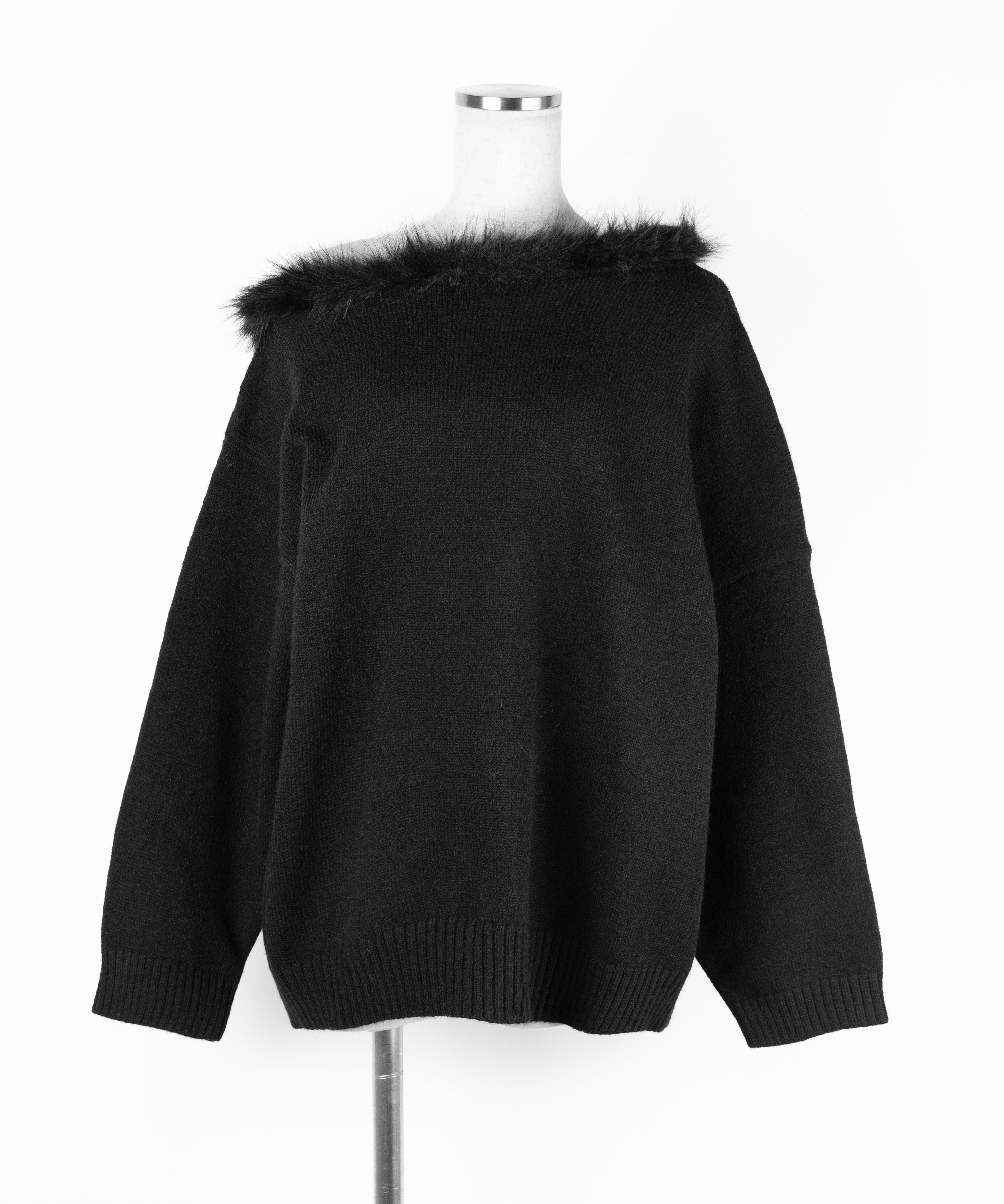 【 ニットセットアップ 】フェイクファーワンショルオーバーニット + ニットショートパンツ SET / fake fur one-shoulder over knit + knit short pants SET