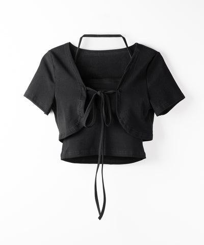 【 2点セット 】フロントリボンショートカーディガン+ ホルターキャミソール SET / front ribbon short cardigan + halter camisole SET