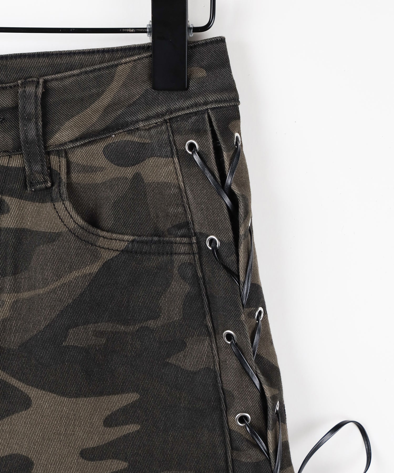 ヴィンテージカモフラレースアップデニムミニスカパン / vintage camouflage lace up denim mini skirt pants
