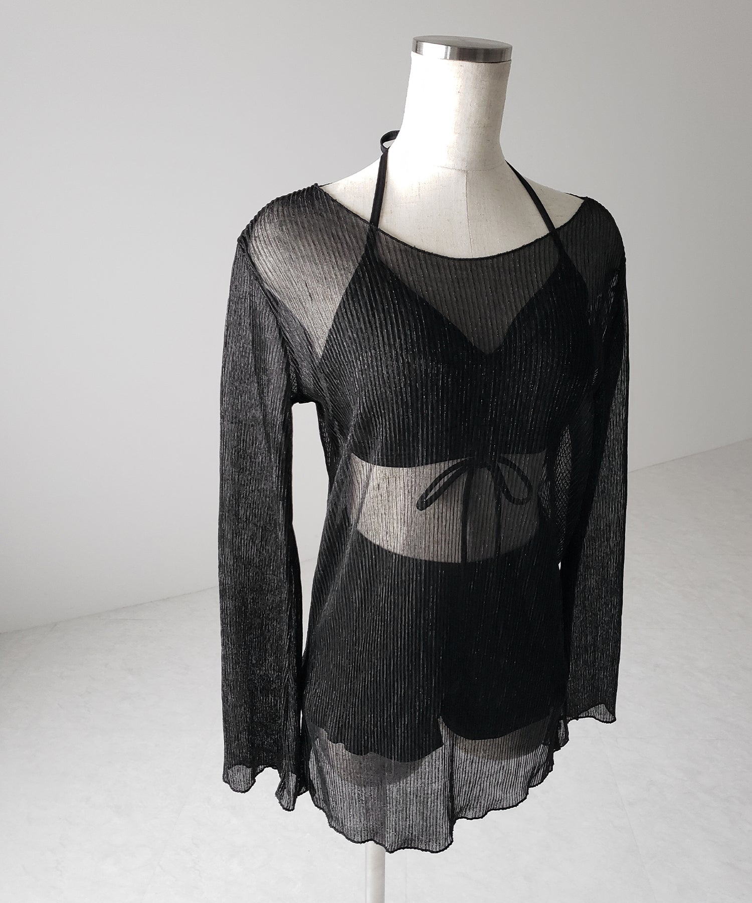 【 レディース水着/3点セット 】シアートップス付き フロントリボンホルターネックハイウエストビキニ / sheer tops set front ribbon halter neck high waist bikini