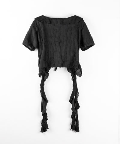 ダメージフリル半袖ショートリボンカーディガン / damage frill short sleeve short ribbon cardigan