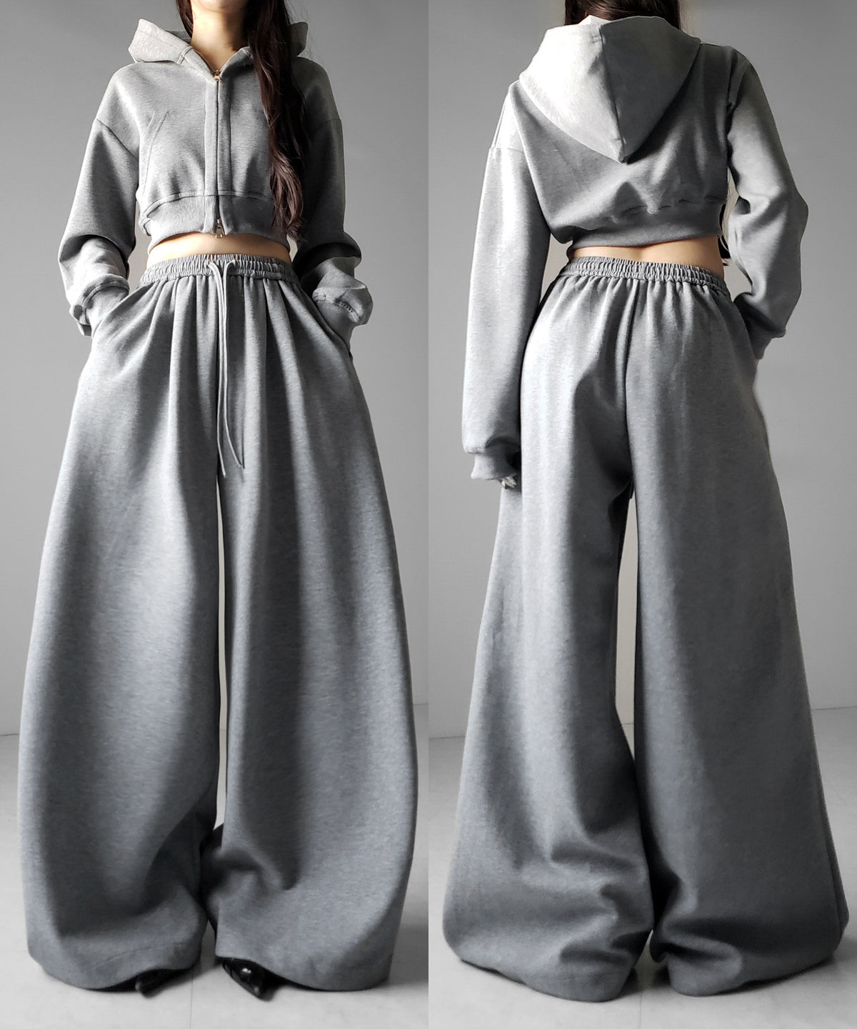 【 セットアップ 】ダブルジップショートパーカー + タックワイドスウェットパンツ SET / double zip short hoodie + tuck wide sweat pants SET