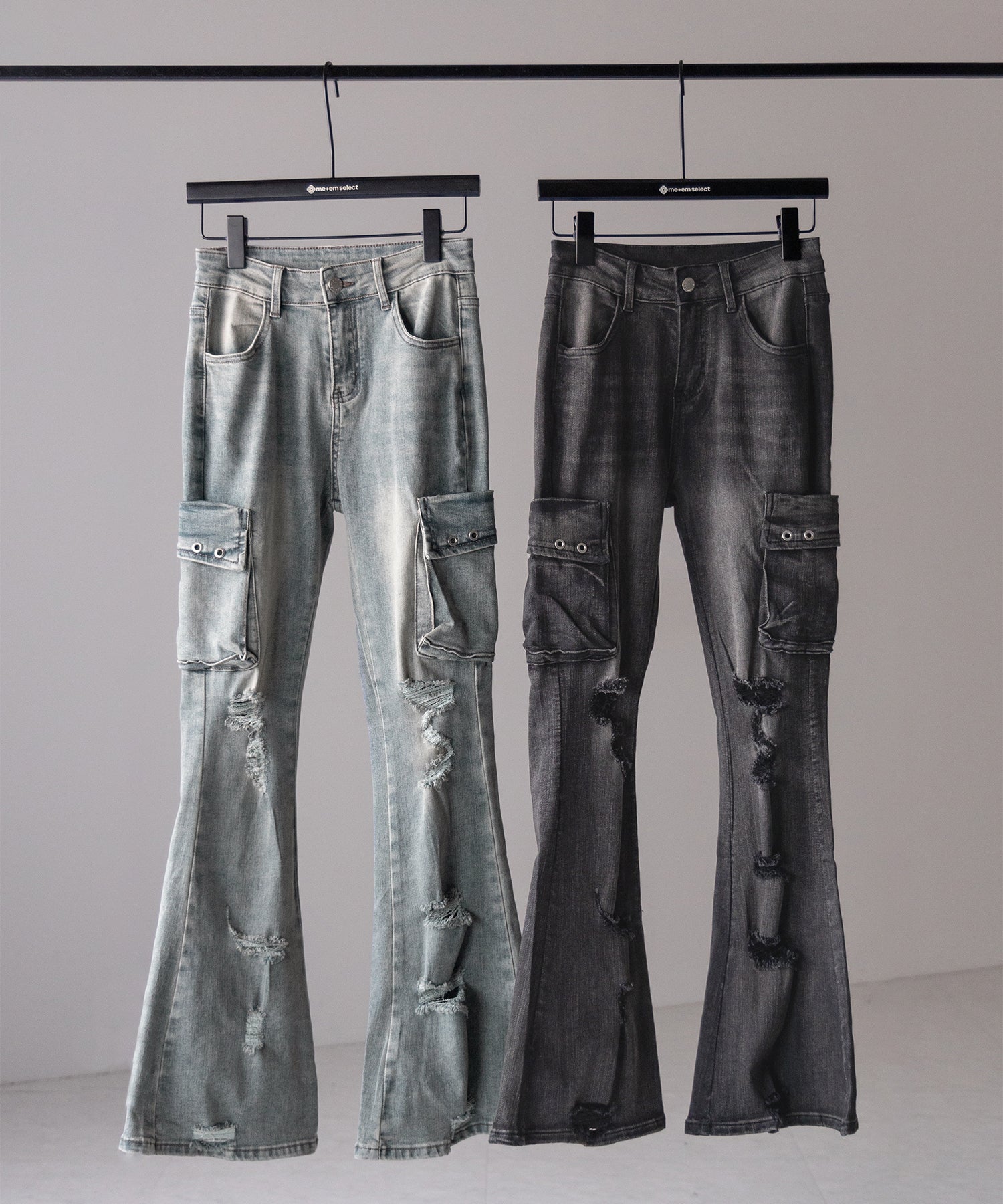 【 2color / 4size 】カーゴデザインヴィンテージライクダメージストレッチフレアデニム / cargo design vintage-like damage stretch flare denim