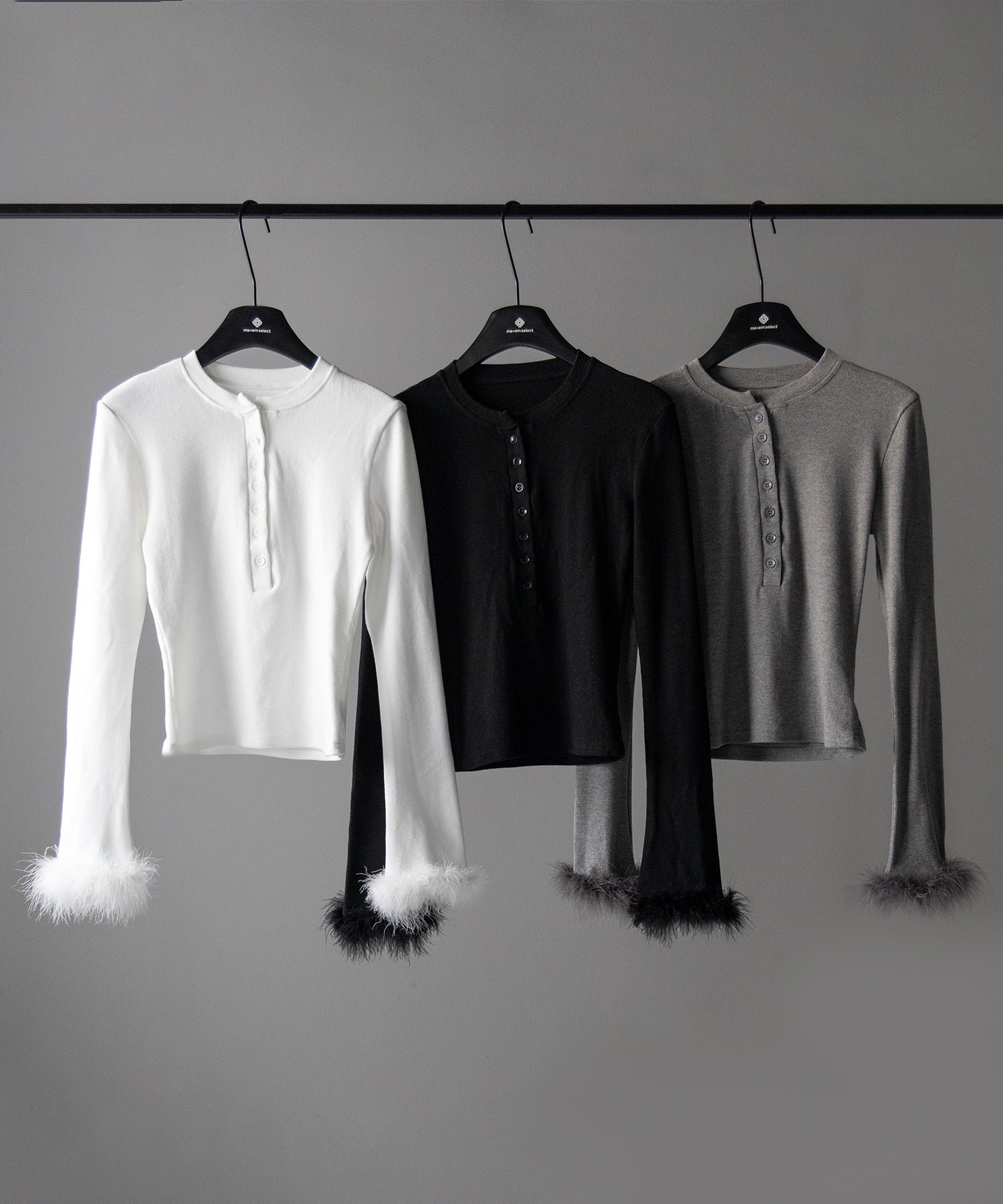 【 2color 】ファースリーブヘンリーネックリブトップス / fur sleeve henley neck lib tops