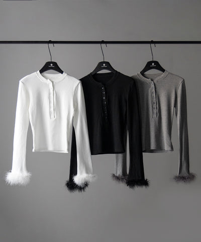 【 2color 】ファースリーブヘンリーネックリブトップス / fur sleeve henley neck lib tops