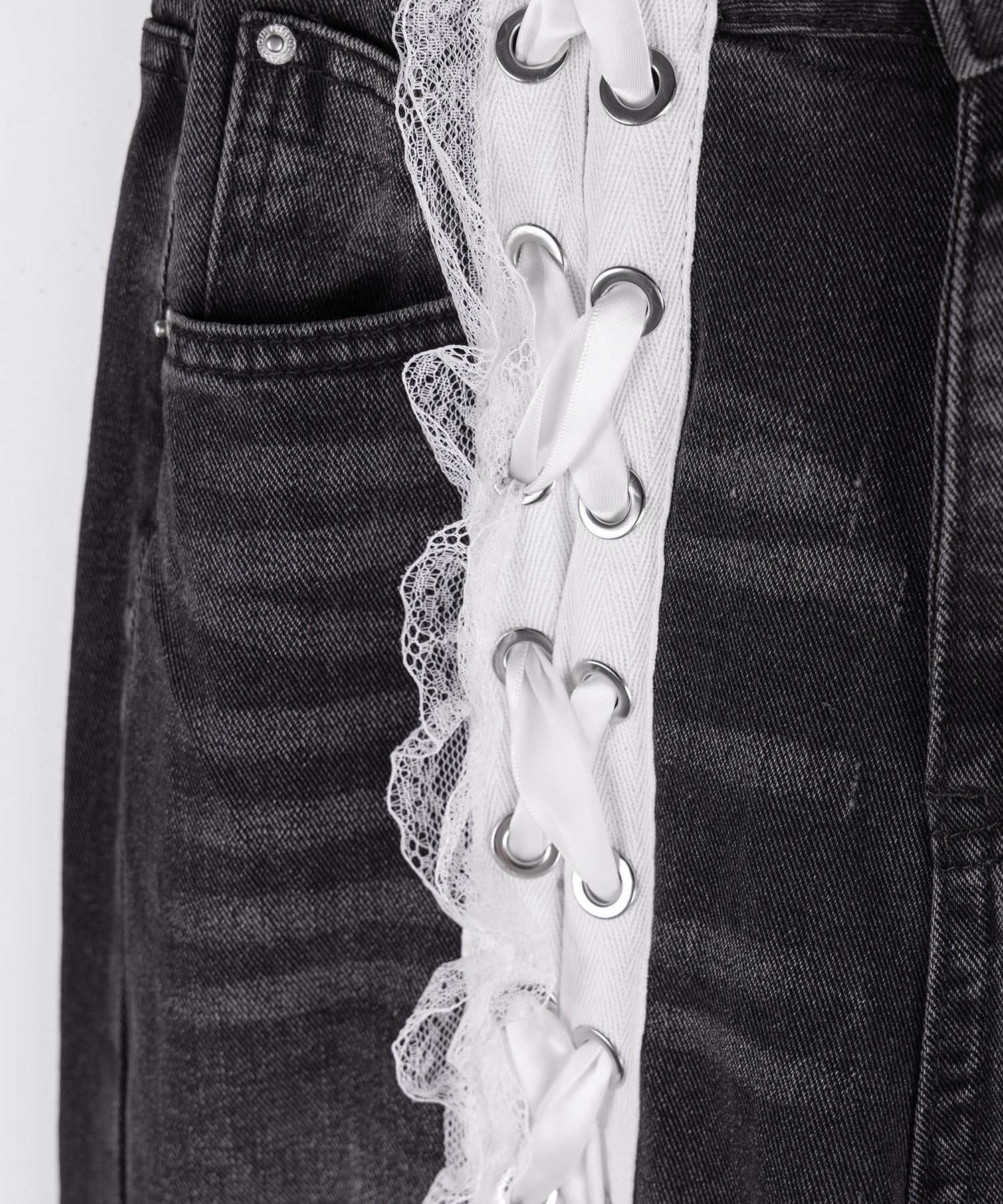 サテンリボンレースアップワイドデニムパンツ / satin ribbon lace up wide denim pants