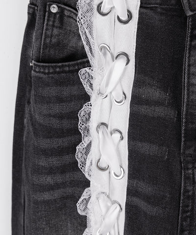 サテンリボンレースアップワイドデニムパンツ / satin ribbon lace up wide denim pants