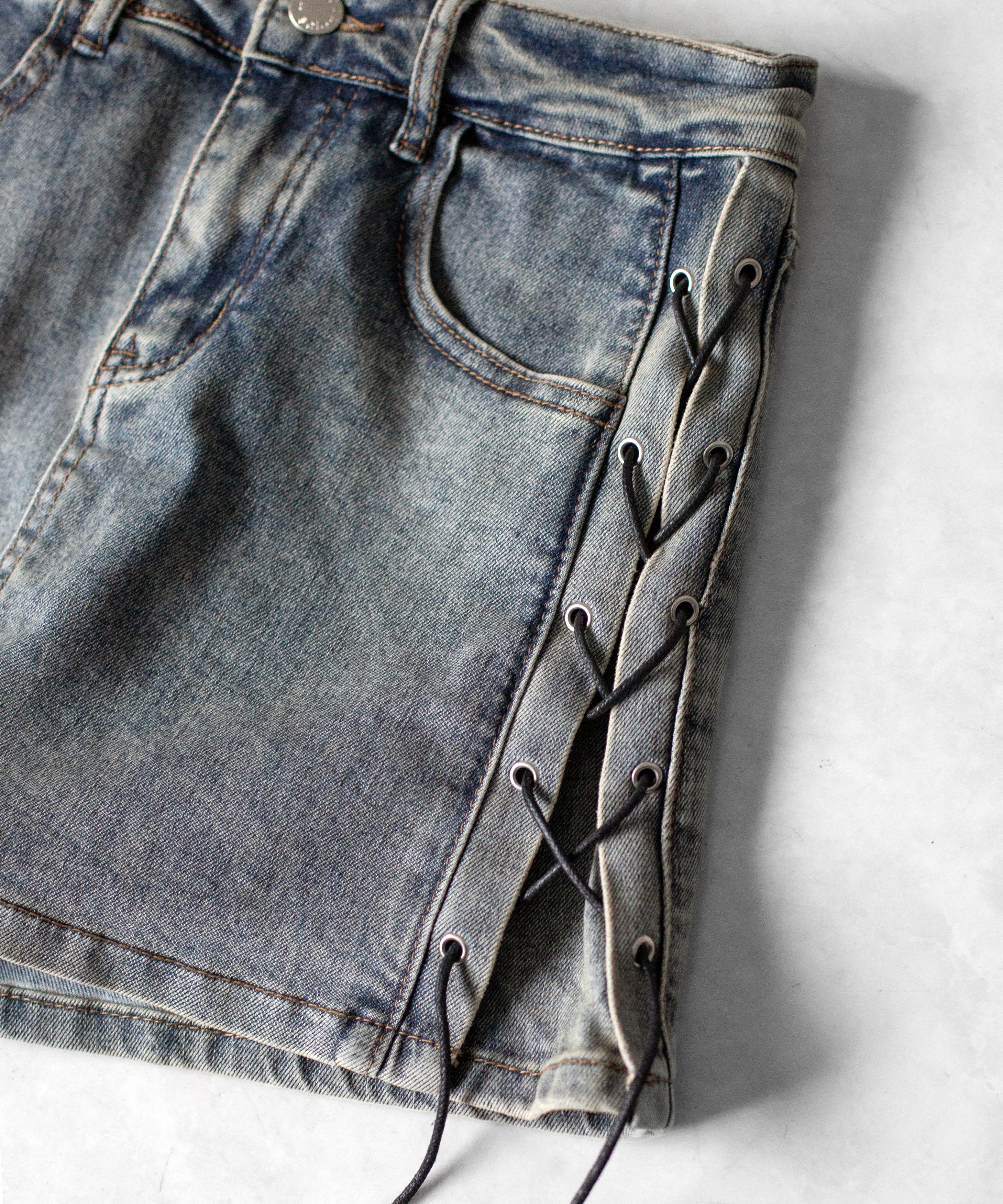 レースアップストレッチデニムミニスカパン / lace up stretch denim mini skirt pants