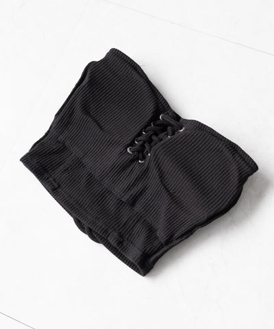 【カップ付き 】レースアップコルセットリボンショートリブベアトップ / laceup corset ribbon short ribbed bare top