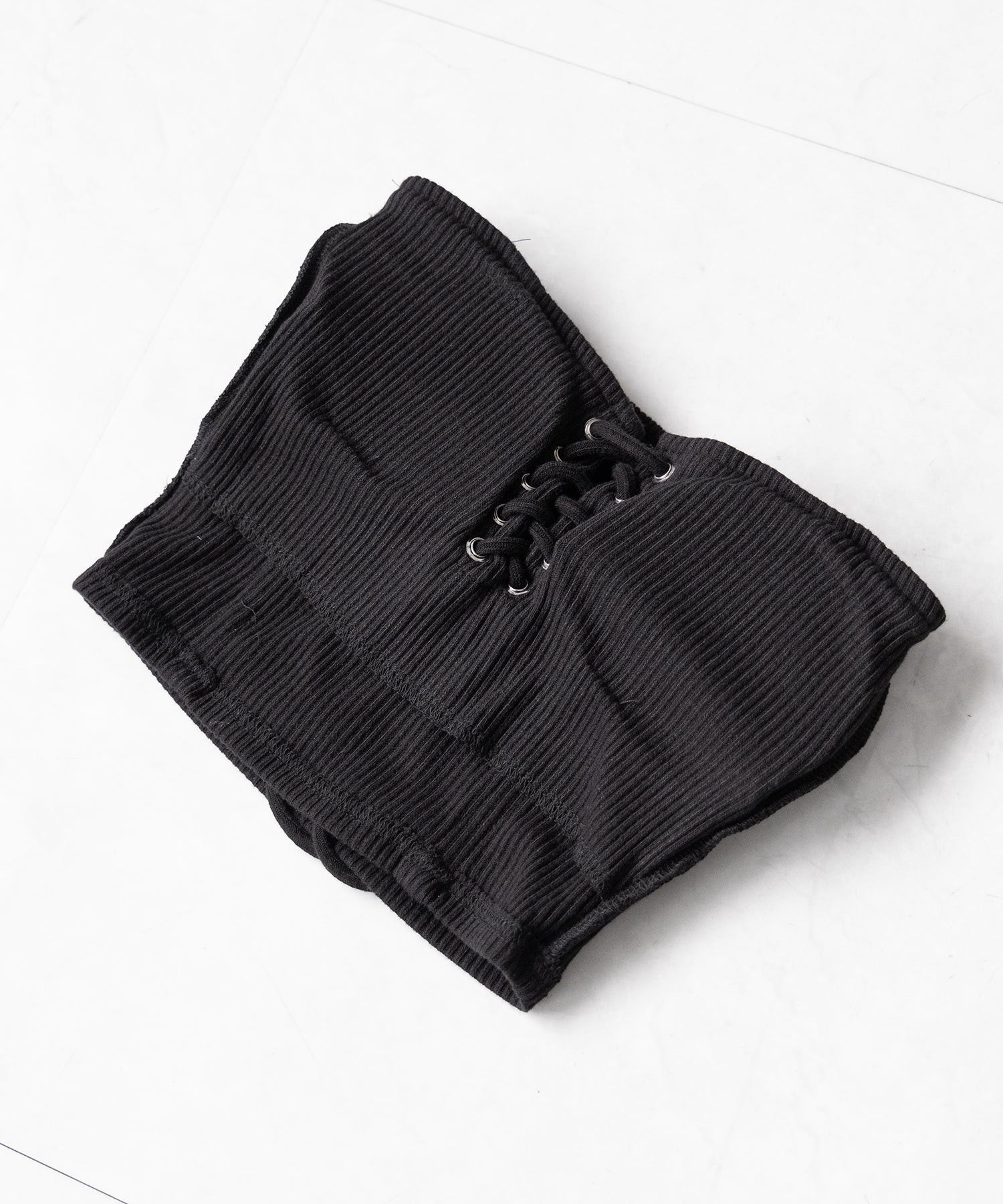 【カップ付き 】レースアップコルセットリボンショートリブベアトップ / laceup corset ribbon short ribbed bare top