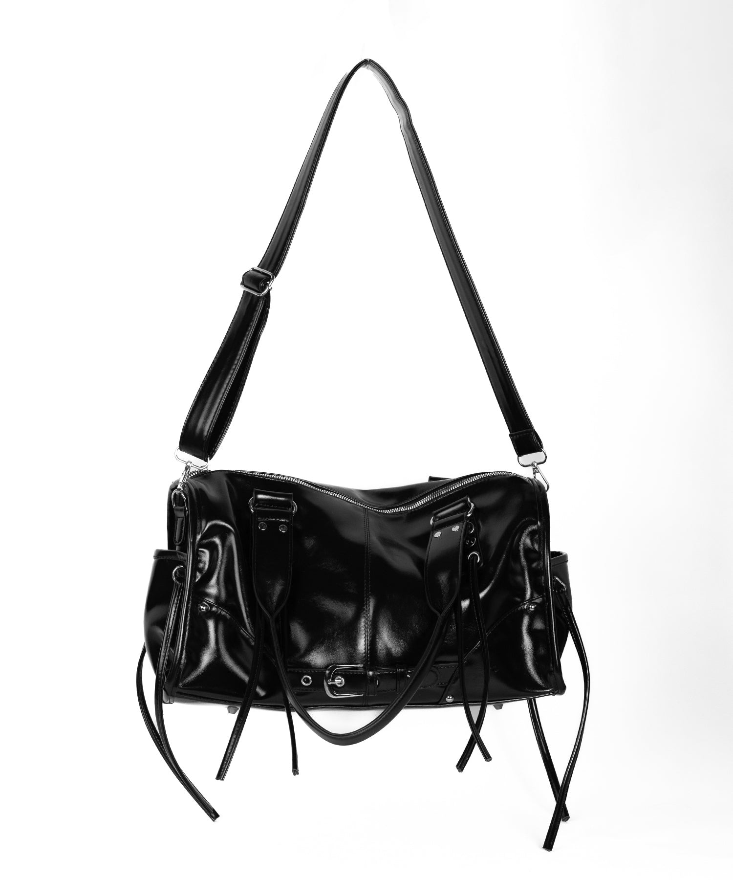 【 ショルダーストラップ付き2WAY 】レースアップベルテッドフリンジボストンショルダーバッグ/lace up belted fringe boston shoulder bag