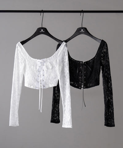 レースアップコルセットリボンショートレーストップス / laceup corset ribbon short lace tops