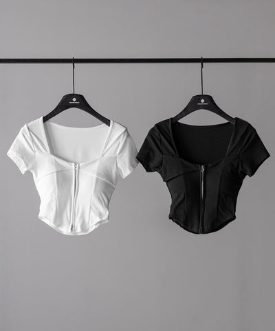 ダブルジップコルセットスクエアネックTシャツ / double zip corset square neck T-Shirt